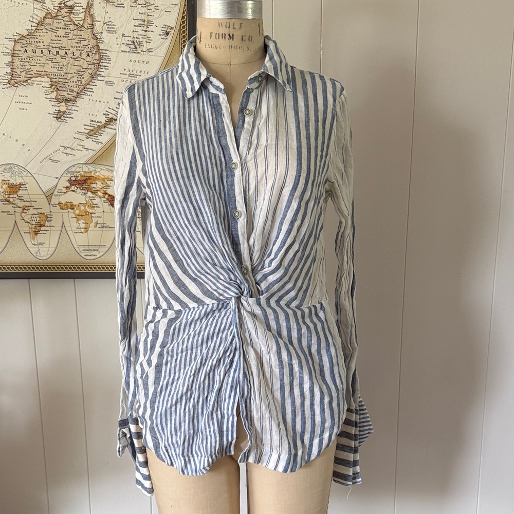 Women’s Blue and White Striped Twisted Front Button-Up Top from Anthropologie
